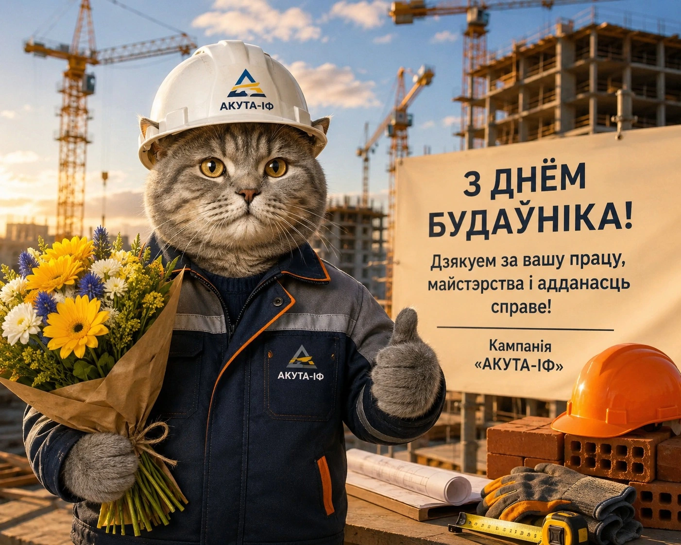 Антрапаморфны рэалістычны кот у сучасным спецадзенні і ахоўнай касцы трымае букет кветак на фоне будаўнічай пляцоўкі і віншуе з Днём будаўніка ад кампаніі «АКУТА-ІФ».