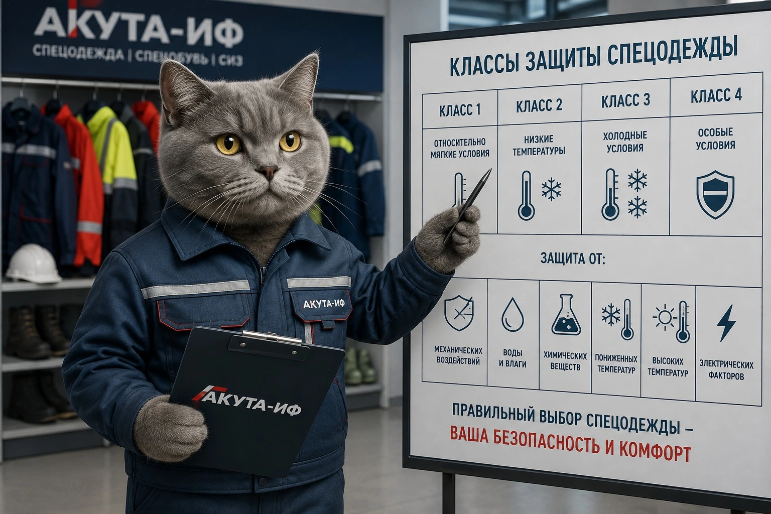 Антропоморфный реалистичный кот в спецодежде АКУТА-ИФ демонстрирует классы защиты спецодежды.
